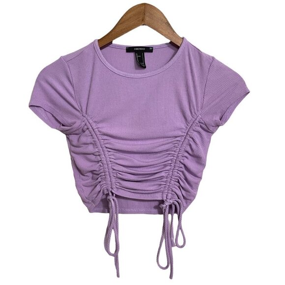Forever 21 Womens Y2K Purple Tie Ruched Short Sleeve Ribbed Cropped Blouse Small - Picture 1 of 6